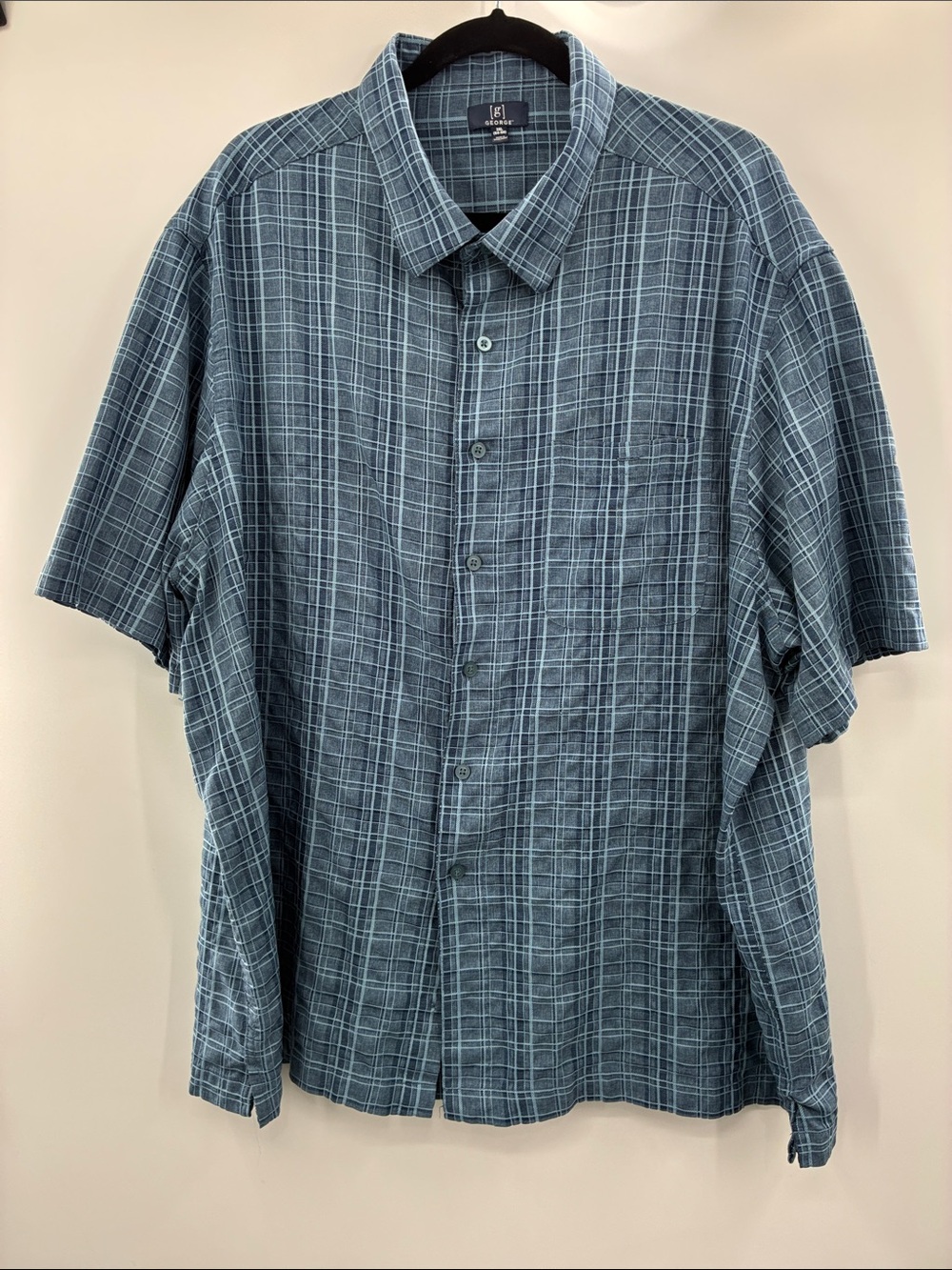 George Men's Short-Sleeve Blue Plaid Button-Down Shirt Size: 3XL